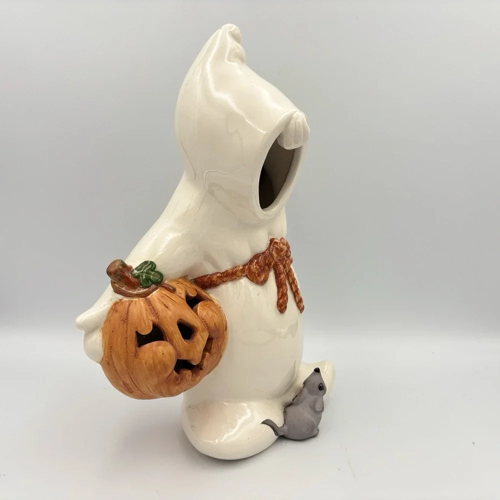 Vintage Ceramic White Ghost W/ Pumpkin / Jack O Lantern & Mouse 11.5